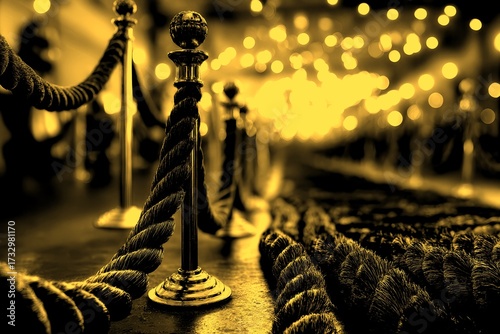 Pathway lined with ropes and polished stanchions creates an elegant entrance for a prestigious event in a softly lit venue