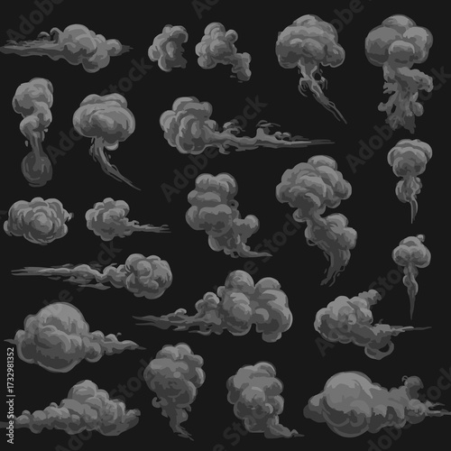 set of Realistic Smoke, Cloud, and Steam Shapes Vector on Dark Background