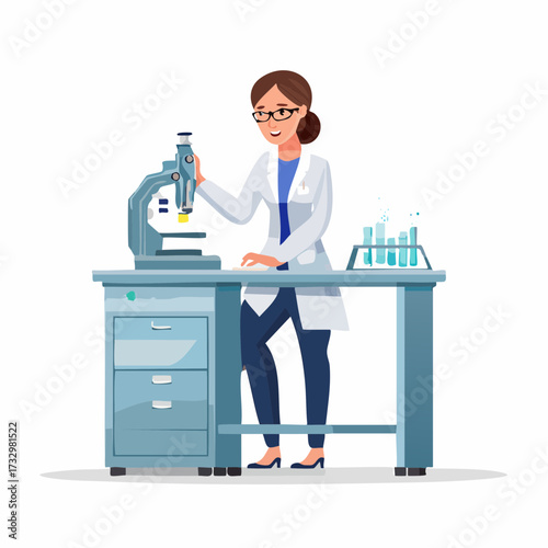A female scientist meticulously operates laboratory equipment, focused on research. Clean, modern lab setting. Illustrative style.