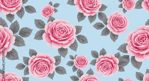 A seamless pattern of vibrant pink roses with dark grey leaves on a light blue background