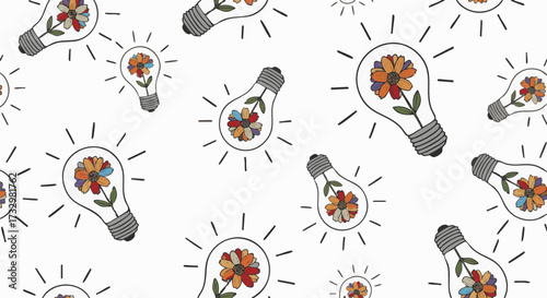 Seamless pattern of glowing light bulbs containing colorful flowers, symbolizing eco-friendly ideas, sustainable energy, and creative growth