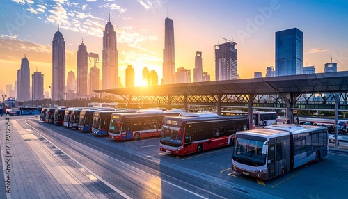 Wallpaper Mural Buses parked at a large terminal with the modern city skyline of Dubai illuminated by a beautiful sunrise. Torontodigital.ca