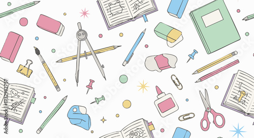 Cheerful, hand-drawn seamless pattern of colorful school and office supplies