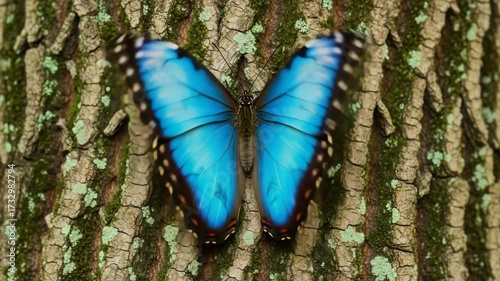 Stunning blue morpho butterfly resting on a mossy tree bark macro photograph