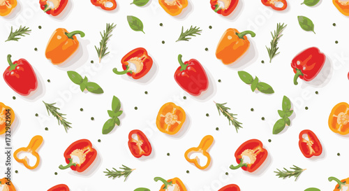 Seamless pattern featuring colorful bell peppers, sliced capsicum, basil leaves, and rosemary sprigs scattered over a white background