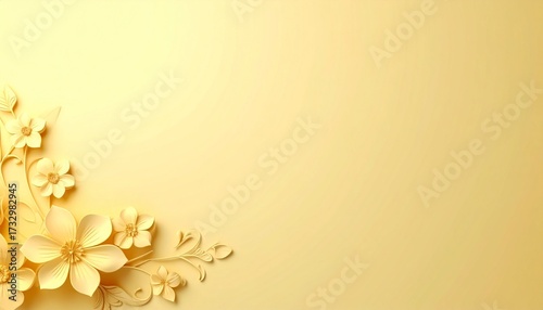 Delicate pale yellow floral design in an elegant papercraft style, adorning the corner of a soft monochrome background with ample copy space
