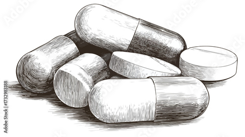Detailed Drawing of Various Pills Arranged in a Bunch for Medical Concept Artwork