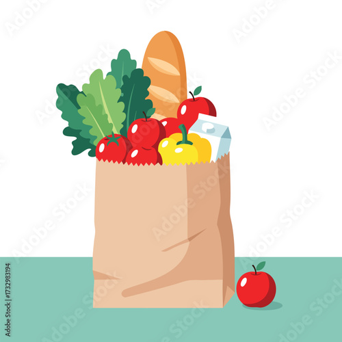 A brown paper grocery bag filled with fresh produce bread and milk.