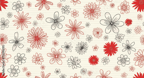 Floral seamless pattern in red and black. The whimsical hand-drawn flowers are on a cream background