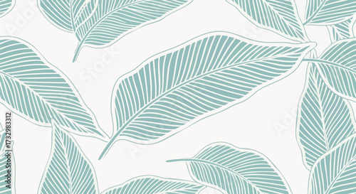 Seamless vector pattern featuring stylized tropical leaves in soft mint green on a white background