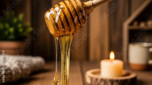 Sweet golden honey dripping from a dipper with a candle and plant background