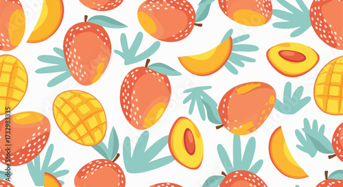 Vibrant seamless pattern featuring ripe mangoes, slices, and halves with abstract green leaves on a white background