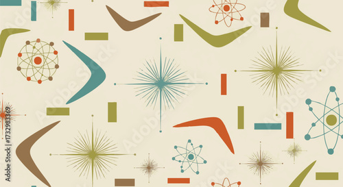 Retro atomic pattern design featuring boomerang shapes, atom symbols, and starburst elements. Mid-century modern style design with a cream background