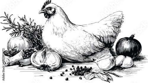 Illustration of Chicken with Fresh Vegetables, Farm to Table Concept