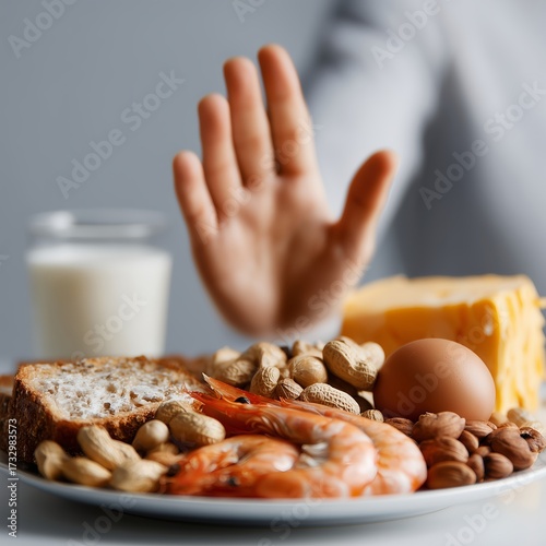 Hand rejecting common allergy foods — milk, nuts, egg, shrimp, cheese