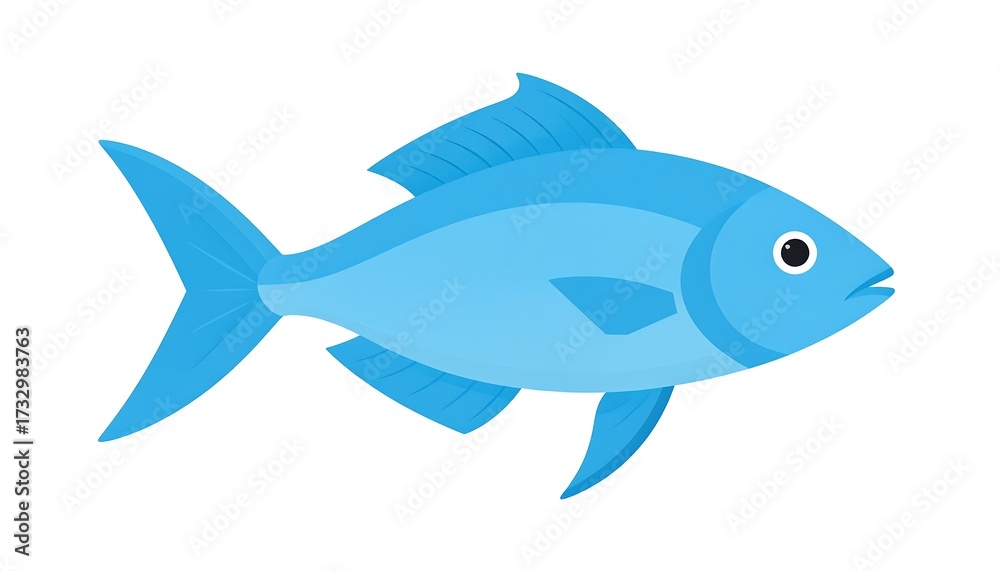 Obraz premium A simple illustration of a blue fish swimming rightward, showing fins, a tail, eye, and gills against a white background