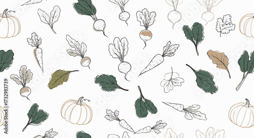 Hand-drawn illustration of various vegetables, including pumpkins, carrots, and radishes, forming a seamless pattern