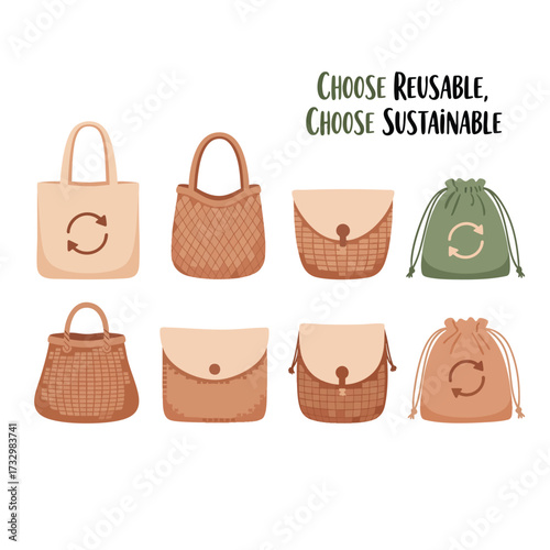 A collection of various reusable and sustainable bags for an ecofriendly lifestyle.