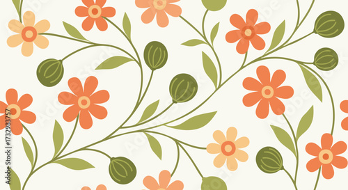 A delightful floral pattern featuring vibrant orange and peach flowers with green leaves and buds on a cream background