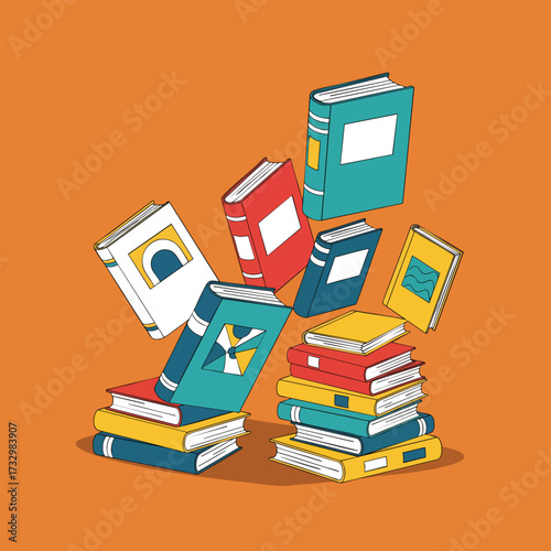 A colorful cartoon illustration of stacked and floating hardcover books.