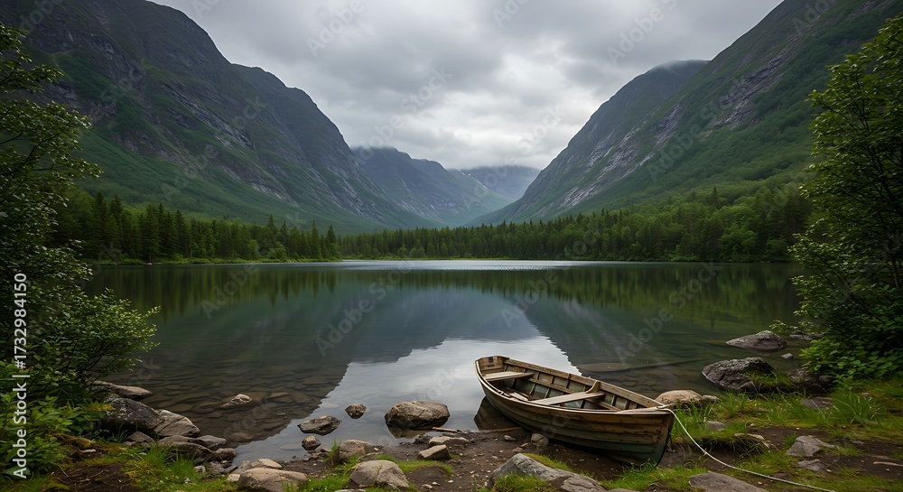Obraz premium Mountain lake landscape with boat reflection under overcast sky