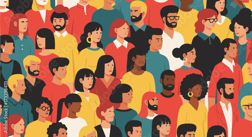 Illustration of a diverse crowd of people. This multicultural group represents community, inclusion, and society. Modern flat vector art