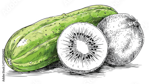Vibrant Cucumber and Kiwi Fruit Vector Illustration for Kitchen Decor and Food Blogs