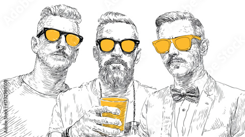 Stylish Illustration of Three Men Wearing Sunglasses and Holding Drinks