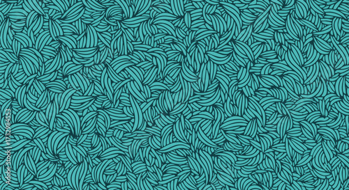 Seamless abstract pattern of flowing, organic lines resembling stylized leaves or wavy textures in vibrant mint green tones