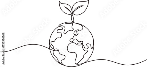 Earth globe with sprouting leaves continuous line drawing growth