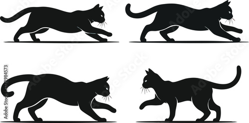 Four black cat silhouettes in various running and walking poses, isolated.