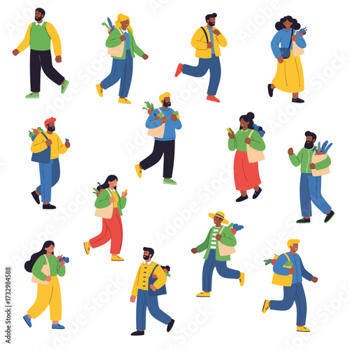 A diverse collection of modern flat vector illustrations of people walking running and carrying bags.