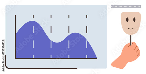 Smiling face mask held by a hand beside a wavy data chart suggests emotional or behavioral analysis. Ideal for data, mood tracking, psychology, analytics, decision-making, mental health, simple flat