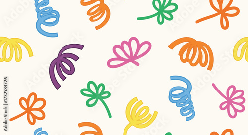 Vibrant seamless pattern featuring colorful abstract spring and streamer shapes