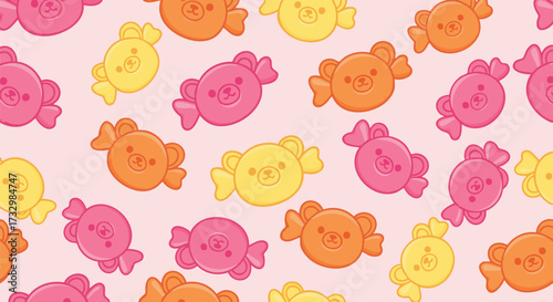 Cute seamless pattern of colorful cartoon bear candies