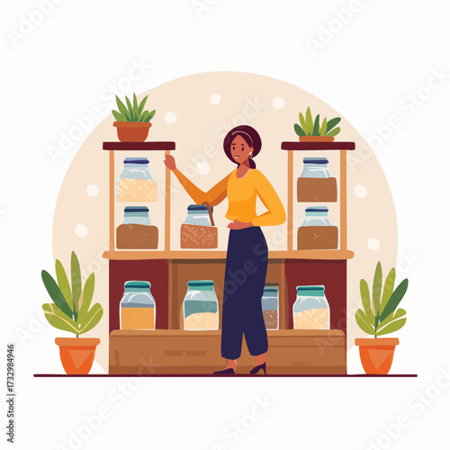 A woman shops at a zero-waste store, filling jars with bulk goods. Illustration showcases sustainable living, eco-friendly choices, and a minimalist aesthetic.
