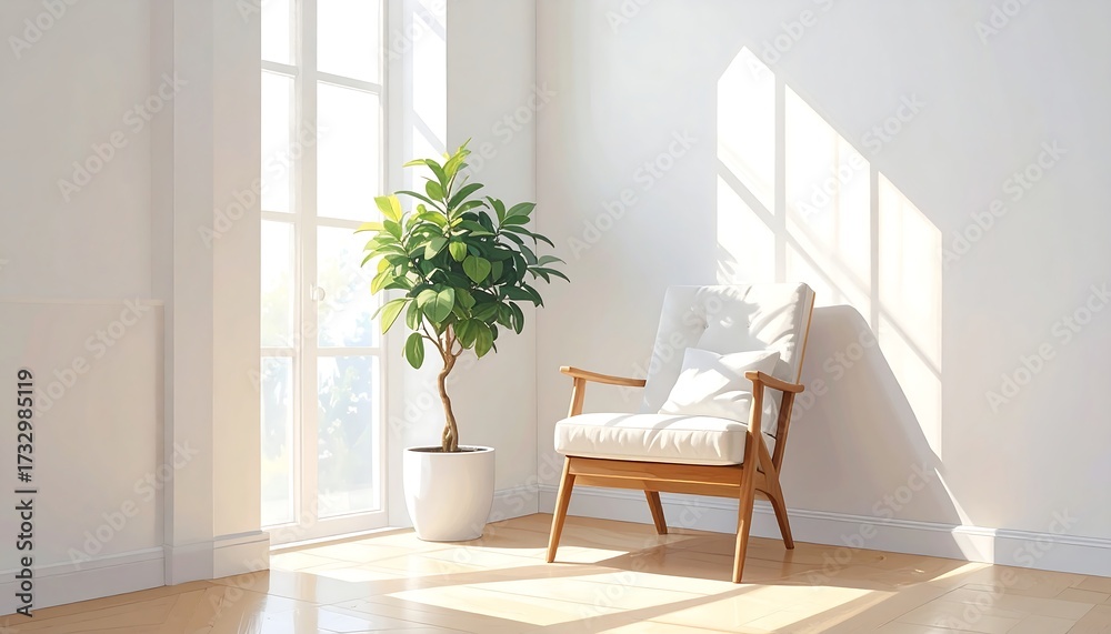 Fototapeta premium Sunny room with a chair and plant