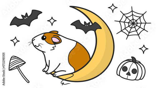 Whimsical Guinea pig feeling Peaceful in a Halloween setting with sitting on a moon – colored in Spooky Fun