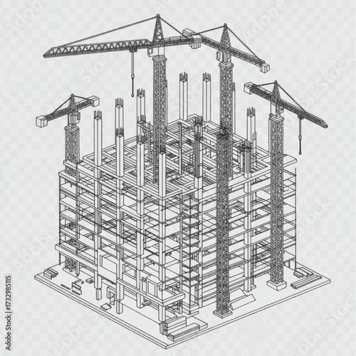 Construction Site Blueprint with Cranes and Steel Framework Illustration.