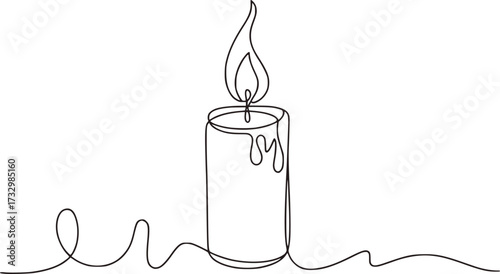 Single line drawing of a burning candle with dripping wax flame