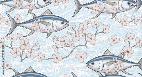Seamless Japanese-style pattern featuring stylized tuna fish swimming among blooming cherry blossom branches over blue ocean waves
