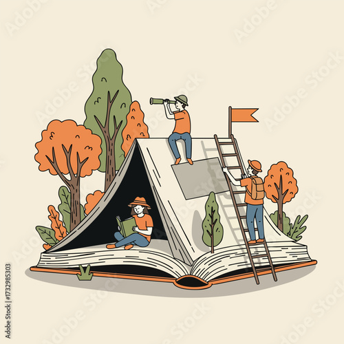 A whimsical illustration of tiny explorers camping and reading in a giant open book transformed into a tent.