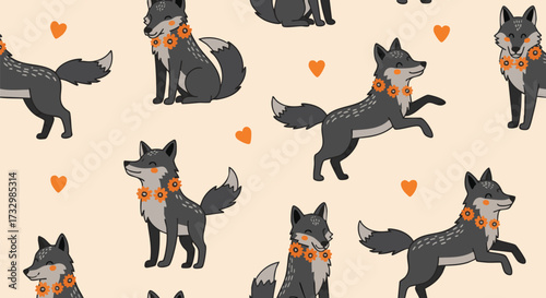 A seamless pattern featuring cute cartoon wolves wearing orange flower collars