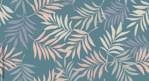 Seamless tropical pattern featuring stylized palm or fern leaves in soft pastel colors against a deep teal background