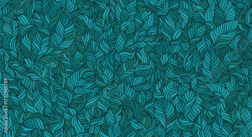 An abstract artistic illustration of stylized green leaves forming a seamless pattern