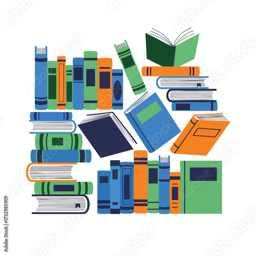 Colorful library books stacked standing and open in a stylized vector illustration.