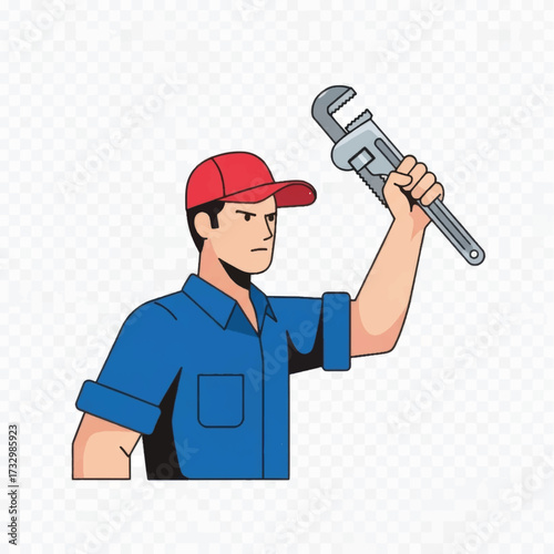 Skilled Plumber Holding Adjustable Wrench Ready for Work.