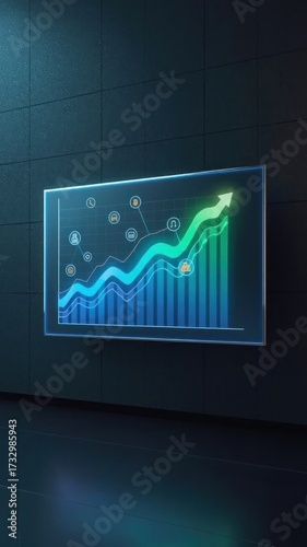 Futuristic holographic display showing a glowing financial bar graph with a rising arrow symbolizing business growth and success