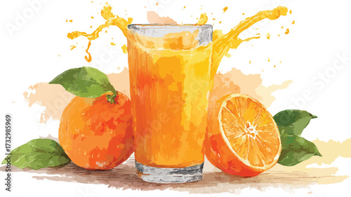 Vibrant Watercolor Illustration of Fresh Orange Juice Splash Concept