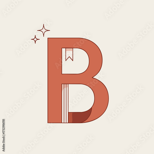 Creative letter B logo icon designed as a terracottacolored book with a bookmark and sparkles.
